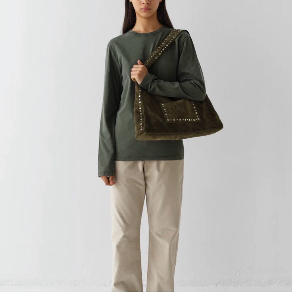 Gimaguas Silver Studded Suede Maxi Franca Shoulder Bag in green khaki NEW UNUSED - Picture 2 of 11